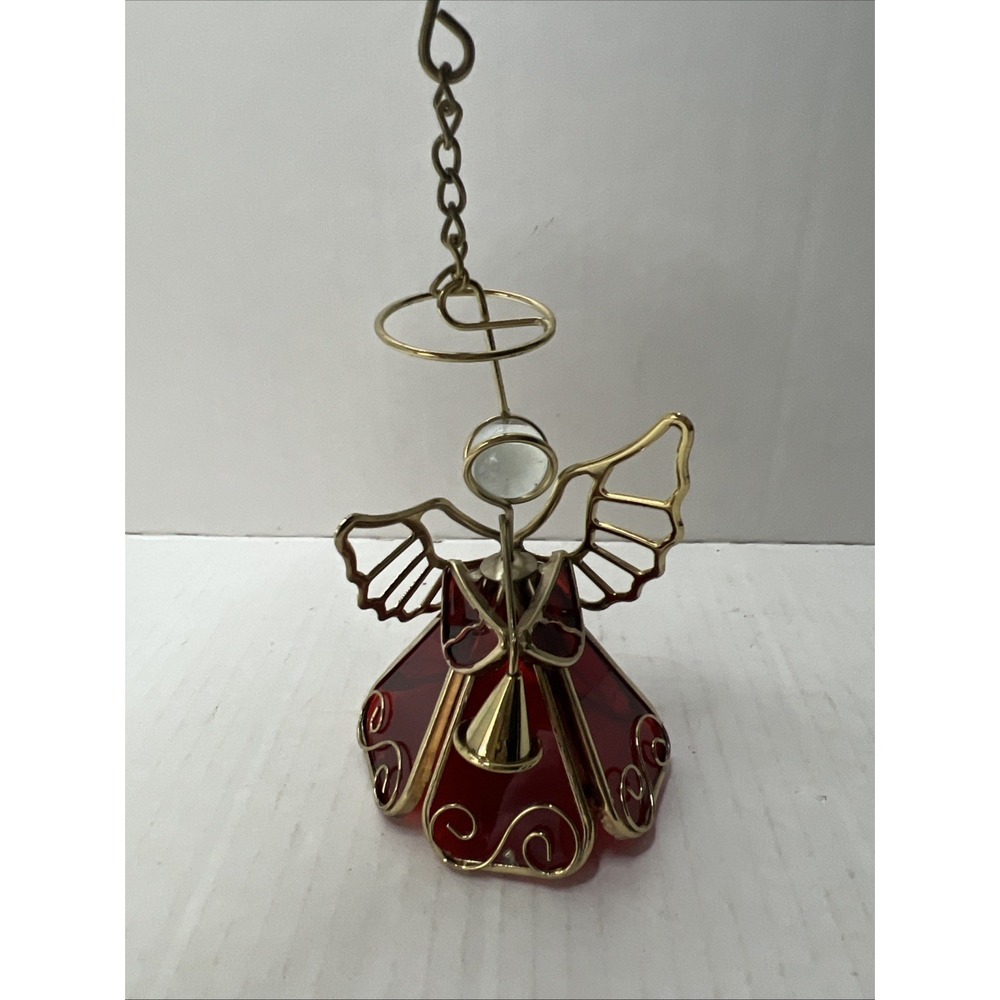 Angel Vintage Stunning Red Art  Stained Glass Ornament Playing Trumpet Christmas